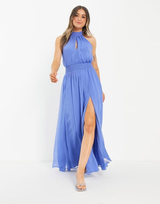 Vestido largo azul con cintura fruncida, cuello alto y acabado suave de ASOS DESIGN