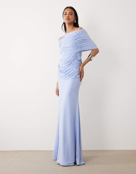 Vestido largo azul con escote Bardot, cola y detalle de cuerpo cruzado de ASOS DESIGN - view 1