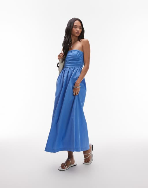 Vestido largo azul con escote palabra de honor de mezcla de popelina de Topshop