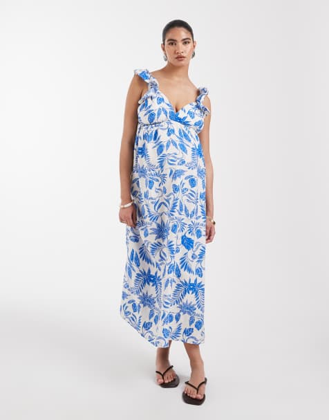 Vestido largo azul con estampado floral, cuello de pico y volantes en los hombros de Vero Moda Maternity - view 1