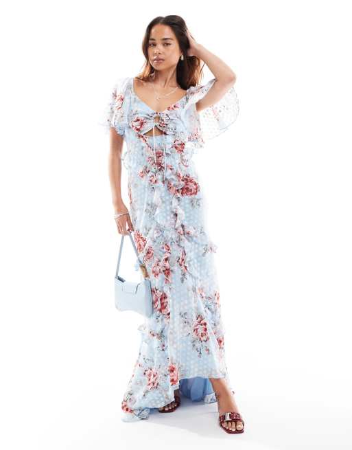 Vestido largo azul con mangas fluidas, volantes, estampado texturizado de flores y lunares y detalle de abertura de ASOS DESIGN