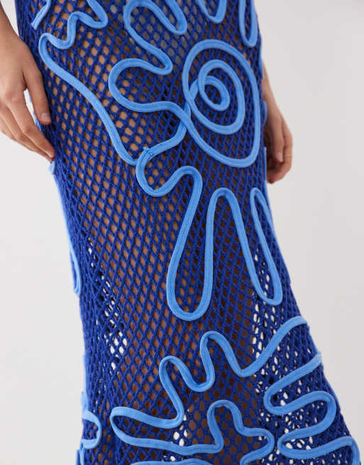 Vestido largo azul con patrón Cornely de punto calado de ASOS DESIGN, 3 de 4