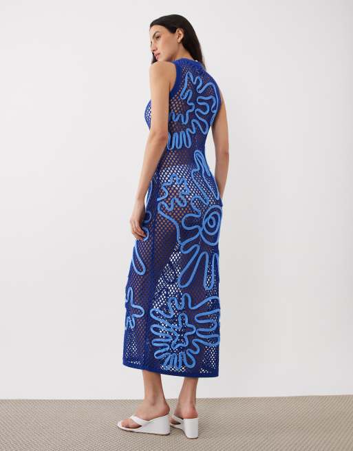 Vestido largo azul con patrón Cornely de punto calado de ASOS DESIGN, 4 de 4