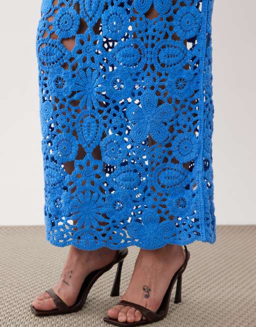 Vestido largo azul con patrón floral calado de croché rico en algodón de SNDYS, 3 de 4