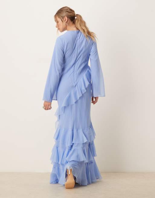 Vestido largo azul de manga larga acampanada con diseño de volantes de ASOS DESIGN, 4 de 4