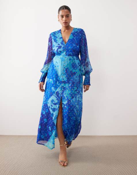 Vestido largo azul de manga larga con estampado floral, cuello de pico y botones delanteros de Hope & Ivy Plus - view 1