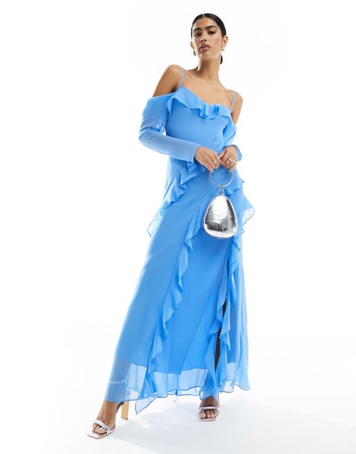 Vestido largo azul de manga larga con volantes de tejido transparente de Forever New