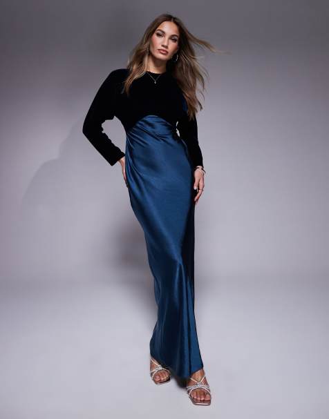 Vestido largo azul de manga larga de mezcla de satén y terciopelo de ASOS DESIGN - view 1
