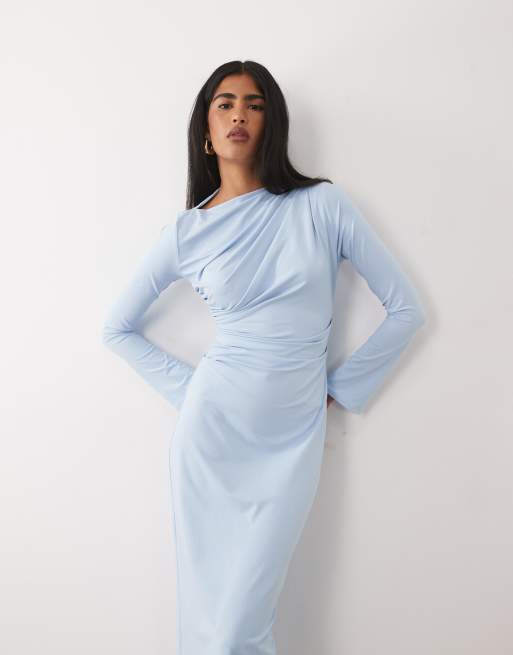 Vestido largo azul drapeado y asimétrico con cuello recto de ASOS DESIGN, 2 de 4
