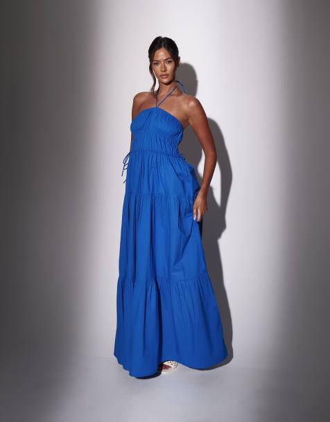 Vestido largo azul escalonado con cuello halter de South Beach - view 1