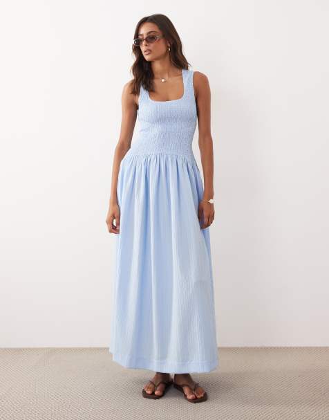 Vestido largo azul escarcha con cuello ancho y cintura fruncida de tejido rugoso de ASOS DESIGN - view 1