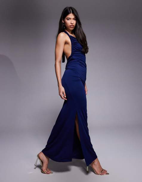 Vestido largo azul marino ceñido y asimétrico con cuello halter, diseño de doble capa y espalda baja con detalle retorcido de Aria Cove - view 1