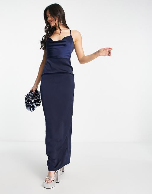 Vestido largo azul marino con cuello desbocado de satén de NaaNaa, 4 de 4