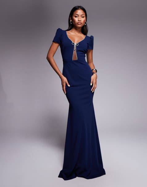 Vestido largo azul marino con lazo y adornos de strass de crepé efecto neopreno de Goddiva - view 1