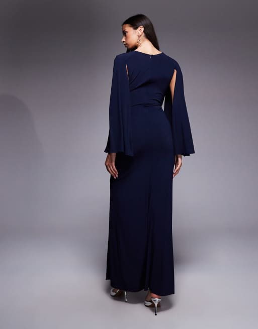 Vestido largo azul marino con mangas estilo capa y abertura lateral de TFNC, 3 de 4