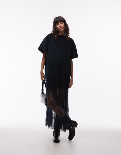 Vestido largo azul marino medianoche con diseño híbrido de camiseta de pana y falda de encaje de ASOS DESIGN