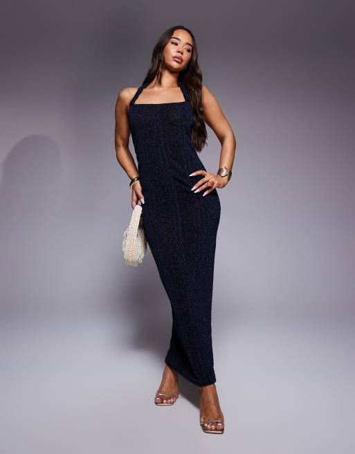 Vestido largo azul marino metalizado con escote cuadrado y detalle de tirantes en relieve de ASOS DESIGN