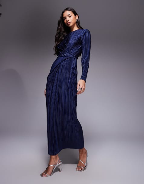 Vestido largo azul marino plisado de manga larga con diseño cruzado y anudado en la cintura de ASOS DESIGN - view 1