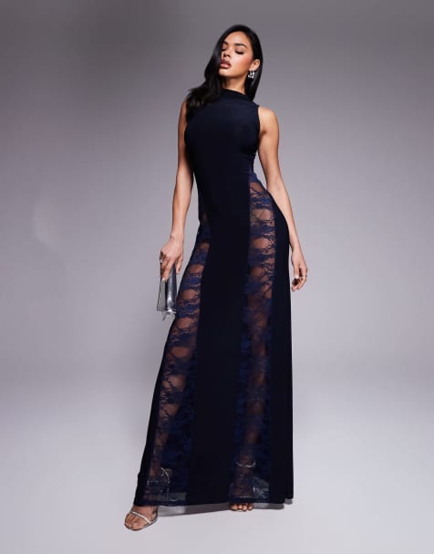 Vestido largo azul marino sin mangas con cuello alto y diseño de paneles de encaje de ASOS DESIGN - view 1