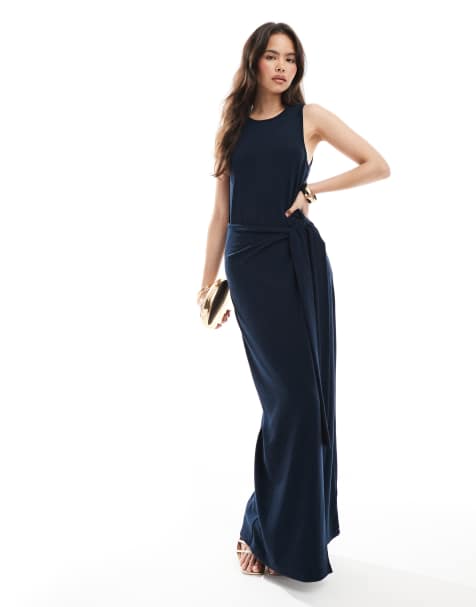 Vestido largo azul marino sin mangas con lazada lateral con caída de 4th & Reckless - view 1