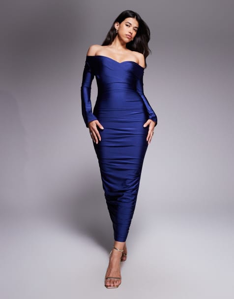 Vestido largo azul marino utrabrillante con diseño moldeado y escote Bardot de corte corazón You Wish de Ruched & Ready - view 1