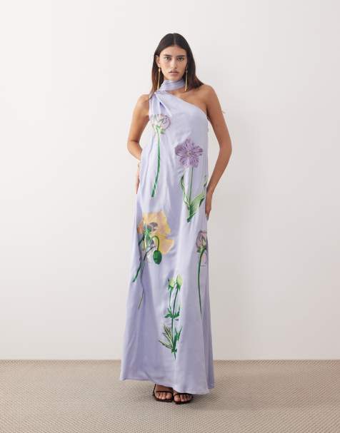Vestido largo azul negruzco asimétrico con bordado floral botánico de ARRANGE - view 1