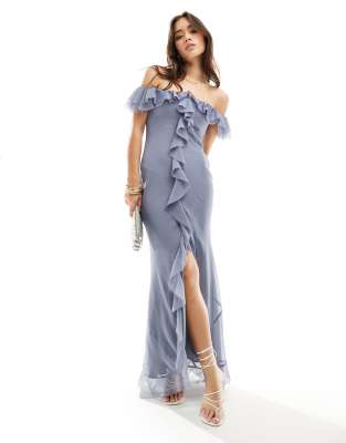 Vestido largo azul negruzco de corte al bies con escote Bardot y volantes de ASOS DESIGN - view 1