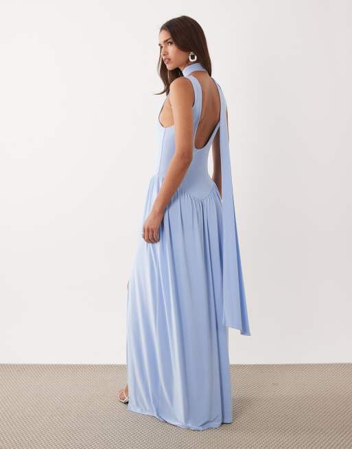 Vestido largo azul pálido ceñido con detalle de fular de ASOS DESIGN, 3 de 4