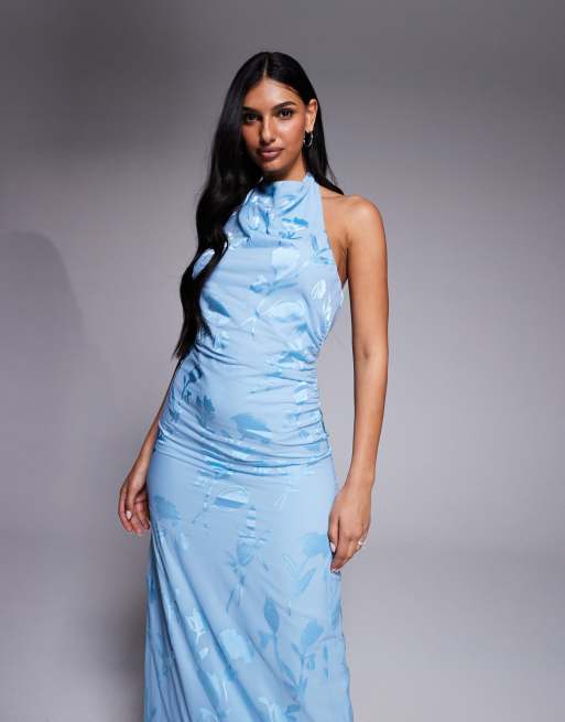 Vestido largo azul pálido con cuello subido desbocado y espalda la aire de Forever New, 3 de 4