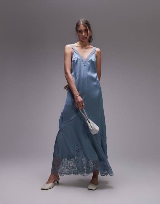 Vestido largo azul pálido con inserto de encaje de Topshop, 2 de 4