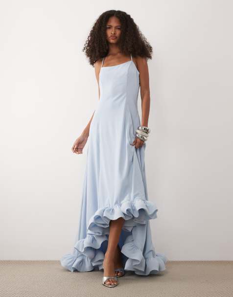 Vestido largo azul pálido de tirantes con bajo abullonado dramático de YAS - view 1