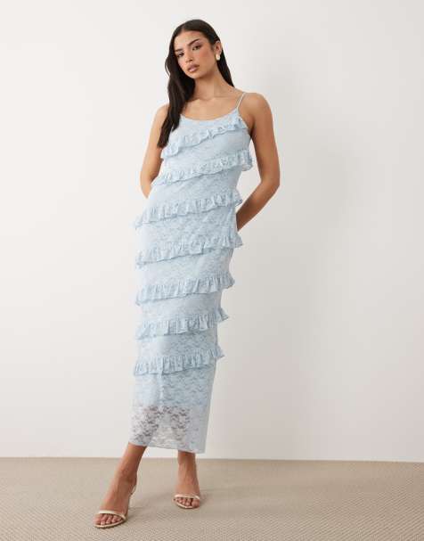 Vestido largo azul pálido de tirantes con detalle de volantes de encaje de YAS - view 1