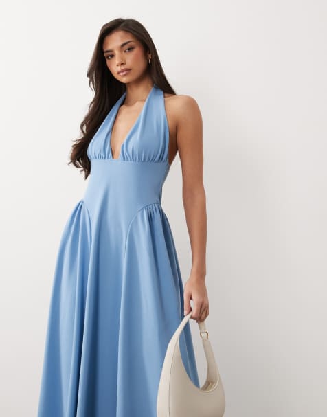 Vestido largo azul pastel con cuello halter y laterales fruncidos de crepé de ASOS DESIGN - view 1