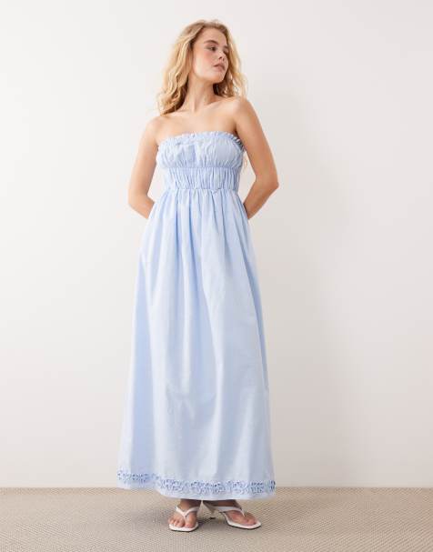 Vestido largo azul pastel con escote palabra de honor y detalle fruncido de mezcla de lino de SNDYS - view 1