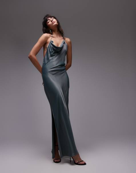 Vestido largo azul petróleo para eventos especiales con cuello halter drapeado de Topshop - view 1