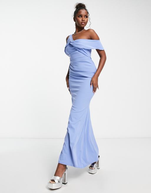 Vestido largo azul polvoriento de corte sirena con escote Bardot de Goddiva, 4 de 4
