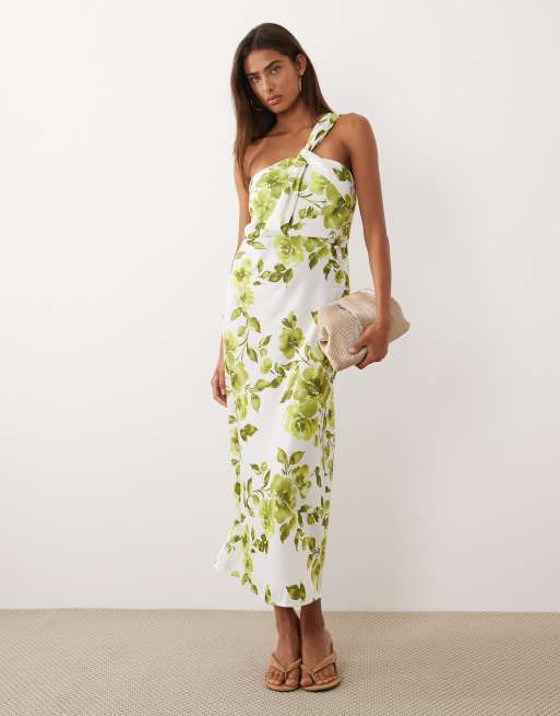 Vestido largo azul y verde asimétrico con estampado floral de satén de YAS, 2 de 4