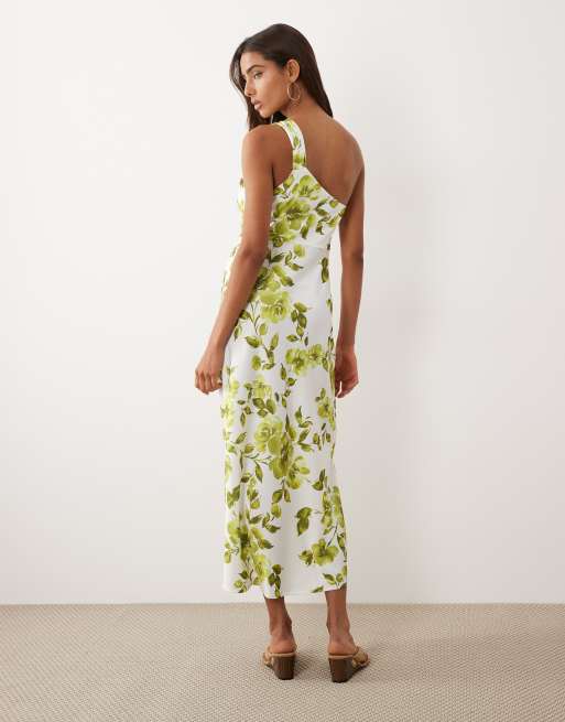 Vestido largo azul y verde asimétrico con estampado floral de satén de YAS, 4 de 4