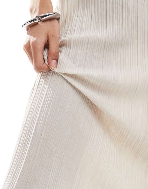 Vestido largo beis plisado con bajo asimétrico de punto liso de Vero Moda Tall, 3 de 4