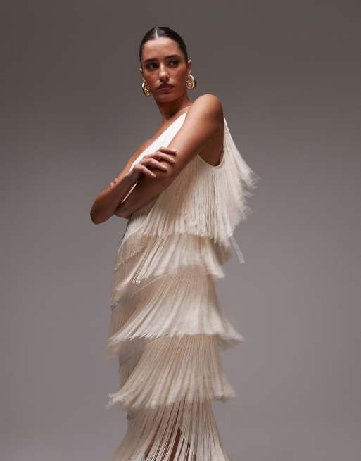 Vestido largo blanco asimétrico con flecos de Mango