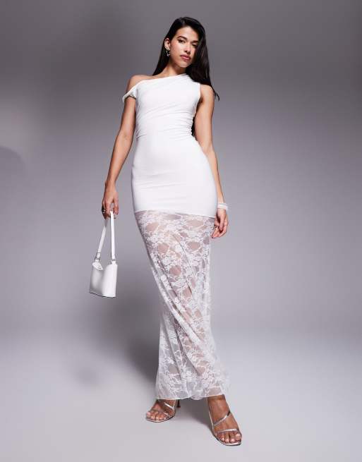 Vestido largo blanco ceñido asimétrico de tejido doble con hombro caído retorcido y falda de encaje transparente exclusivo de Kaiia  