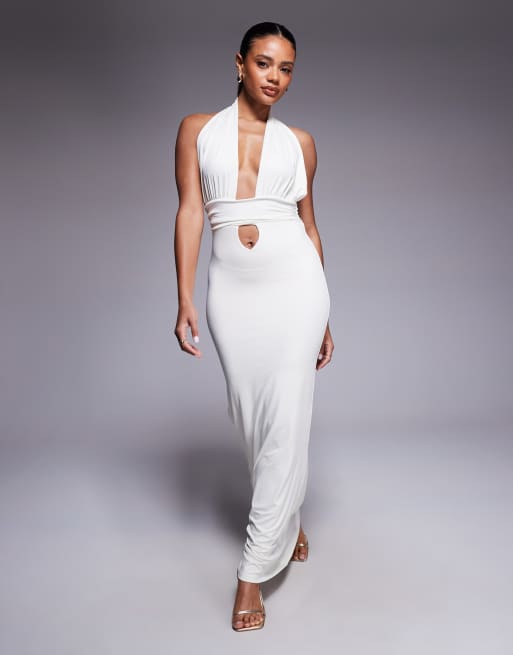 Vestido largo blanco ceñido con escote pronunciado y detalle cruzado de Aria Cove 