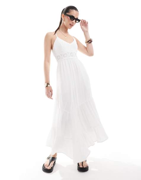 Vestido largo blanco con bajo asimétrico de mezcla de tejido y croché de Hollister - view 1