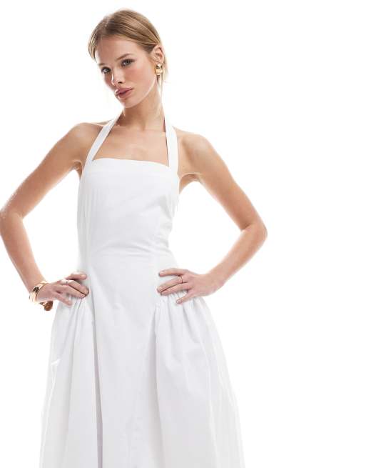  Vestido largo blanco con cuello cuadrado halter y detalles plisados en la cadera de algodón de 4th & Reckless, 3 de 4