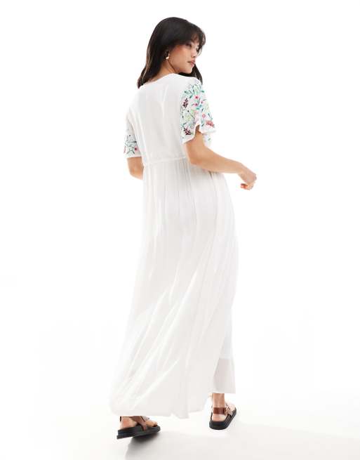 Vestido largo blanco con cuello de pico y diseño bordado de YAS, 2 de 4