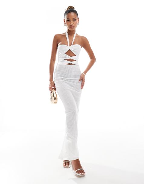 Vestido largo blanco con cuello halter, aberturas y detalles anudados de tejido texturizado exclusivo de Murci - view 1