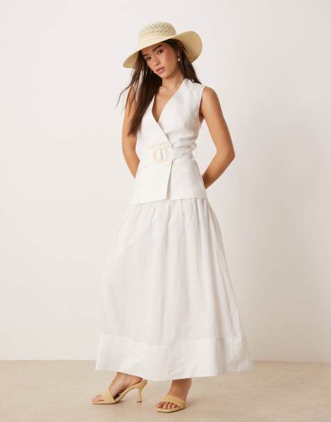 Vestido largo blanco con detalle de chaleco y cinturón ajustable en la cintura de lino de Mango - view 1