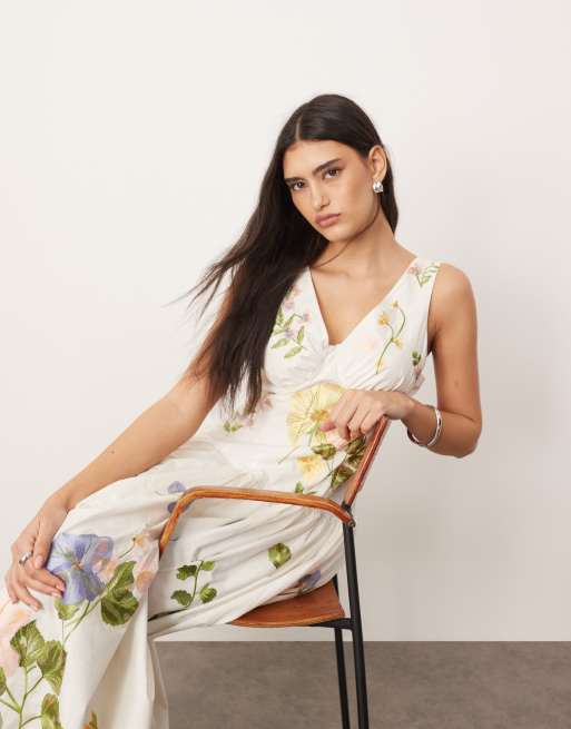 Vestido largo blanco con diseño estilo corsé y bordados florales de algodón de ARRANGE, 4 de 4