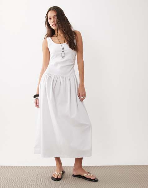 Vestido largo blanco con diseño híbrido, cuello ancho, cintura baja y falda de popelina de ASOS DESIGN - view 1