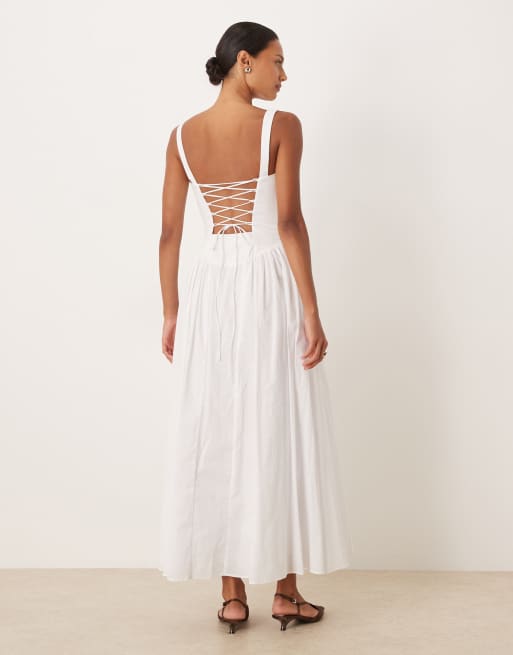 Vestido largo blanco con escote corazón y cordones en la espalda de algodón Theodora de Bardot, 2 de 4